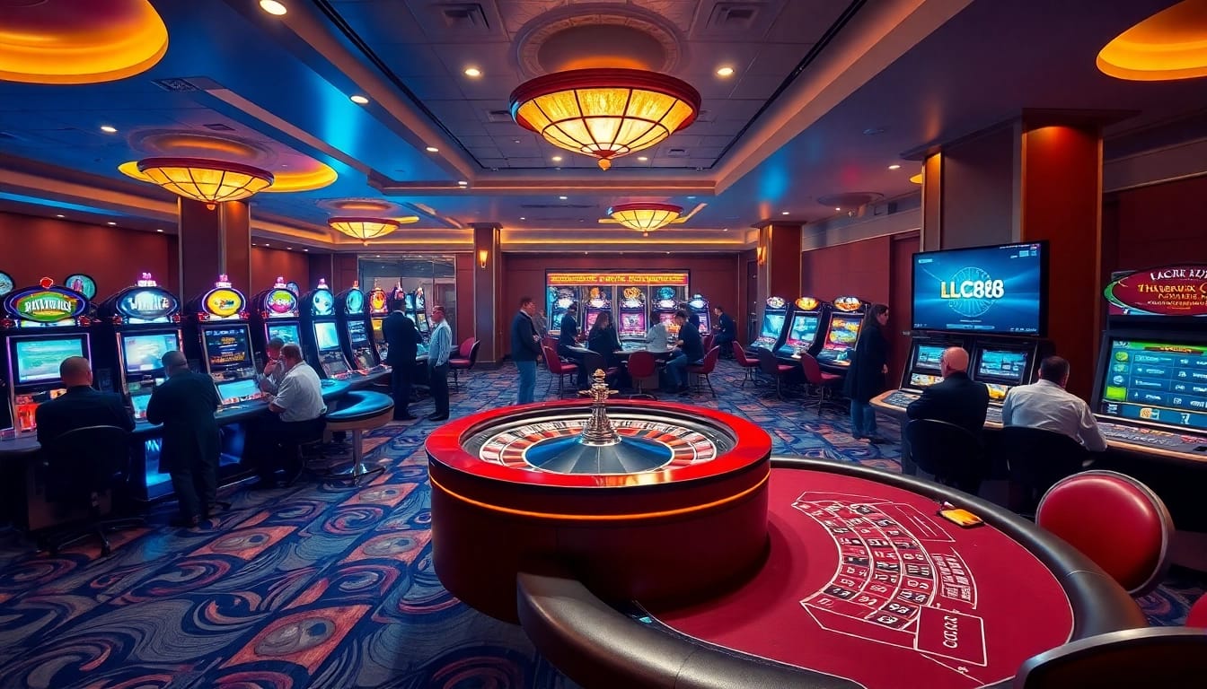 Players engaging in exciting betting actions at LC88's vibrant casino with roulette and poker tables.