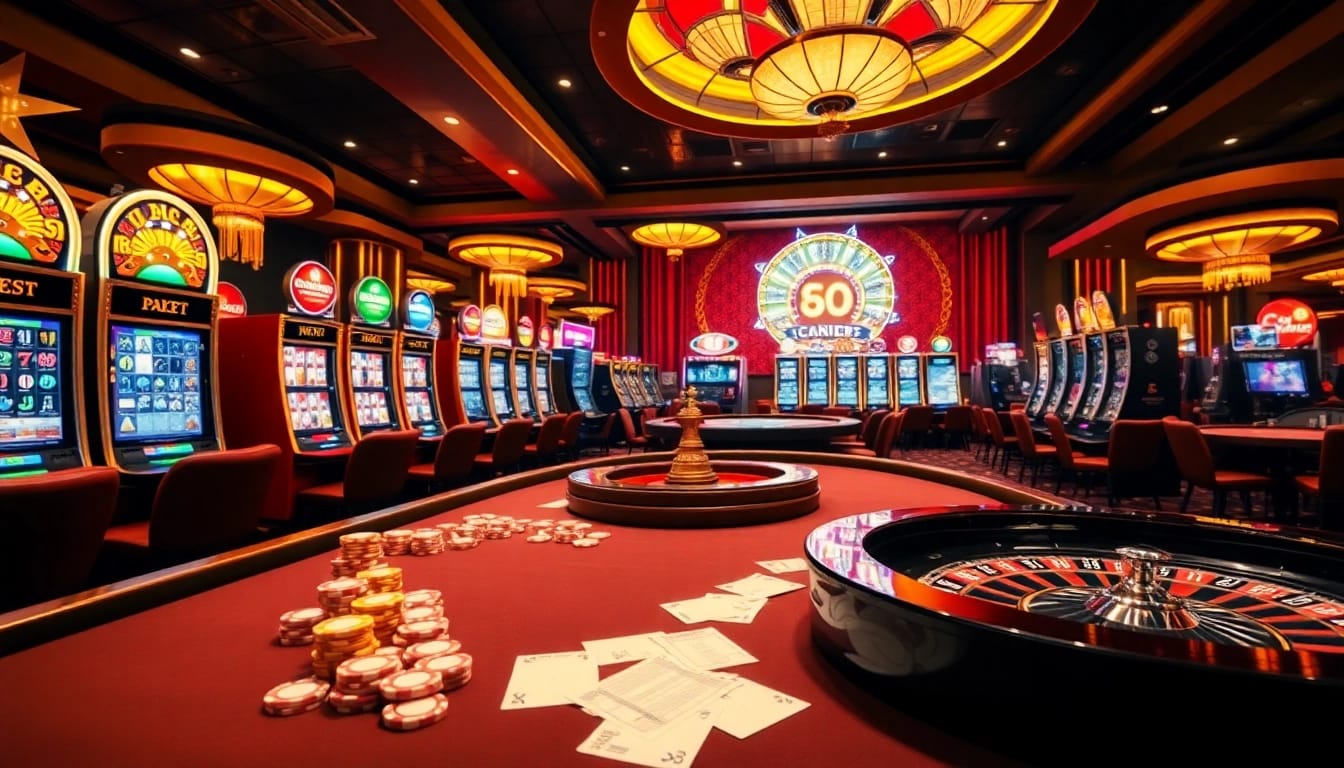 Engage with thrilling bro138 slot gameplay in a luxurious casino environment filled with vibrant lights and colorful chips.