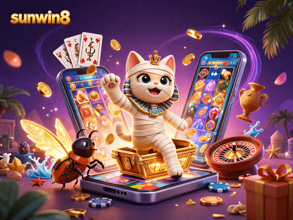 Win big at sunwin8 while enjoying thrilling games with an Egyptian mummy cat and a scarab companion.