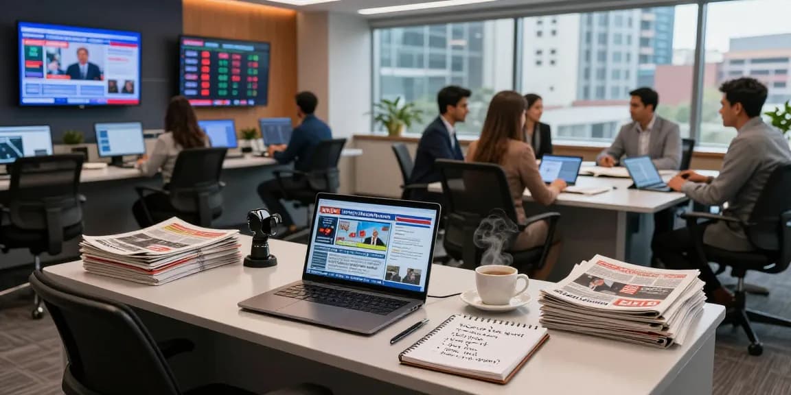 Latest news reporting scene from https://www.theindaily.com highlighting a bustling newsroom.