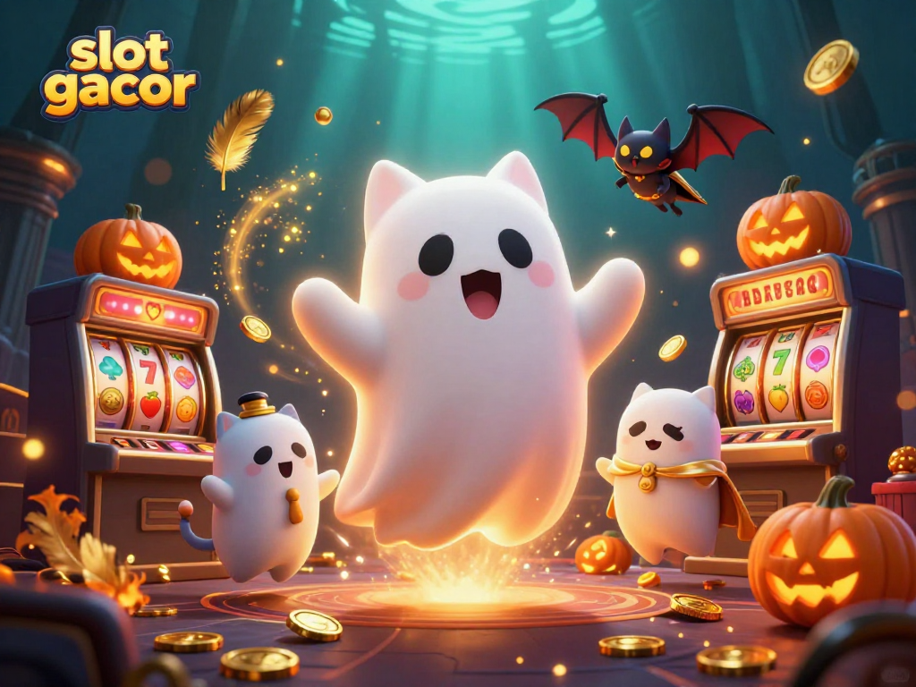 Explore slot gacor features with a playful ghost cat and vibrant casino elements in a haunted mansion.