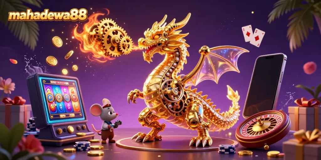 Experience the thrill of mahadewa88 with a dynamic scene featuring a golden dragon and casino elements.