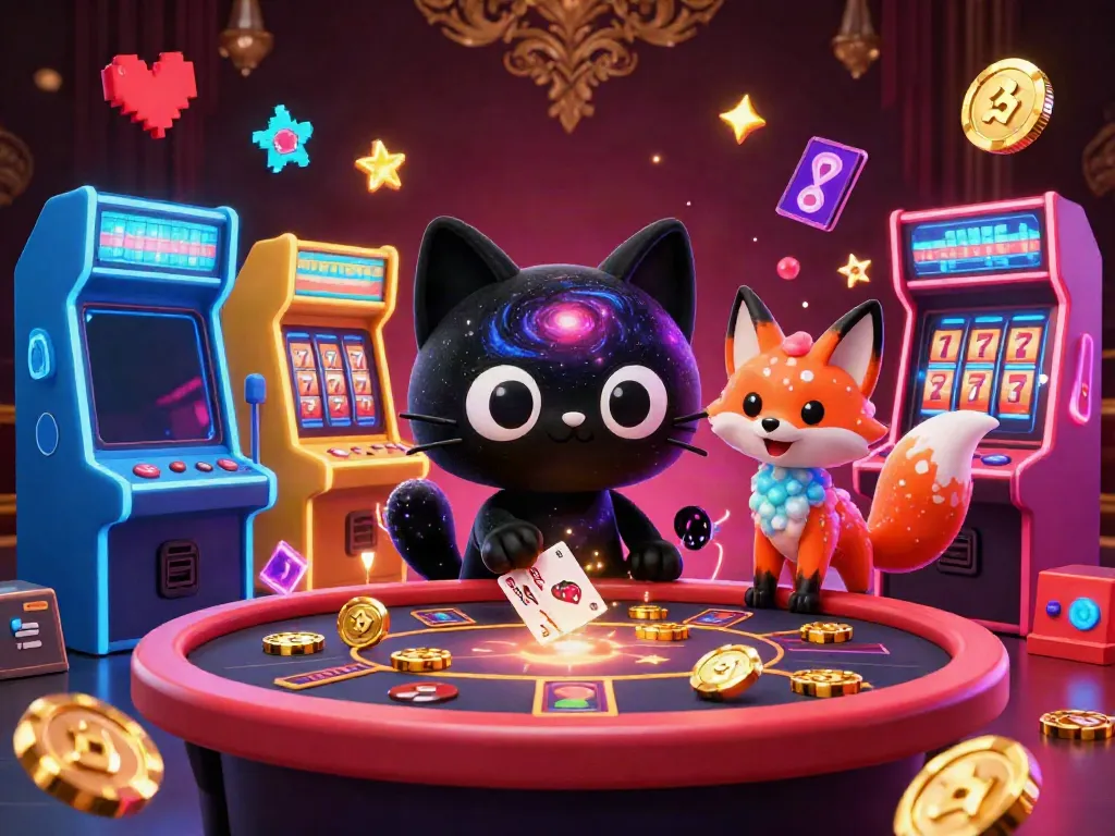 Experience thrilling gameplay with bee 999 as the black hole cat draws in casino chips and cards at a cosmic table.