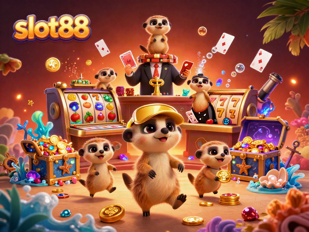 Meerkats operate a slot88 casino with vibrant elements showcasing dynamic gameplay and rich detail.
