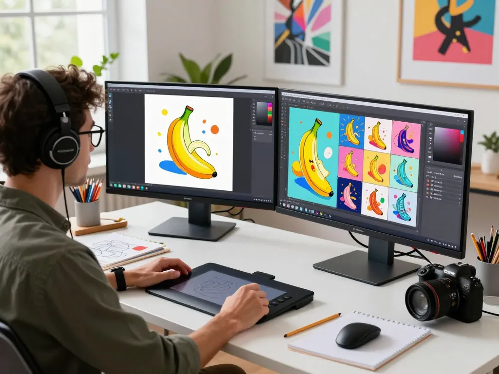 Designer editing vibrant artwork with nano banana 2 in a bright digital art studio.