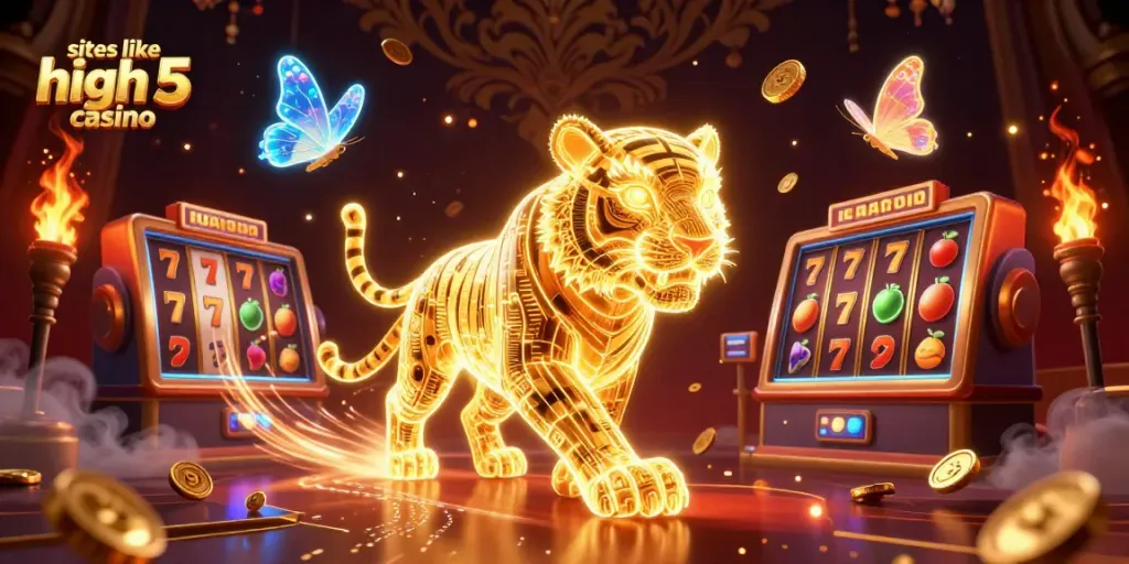 Win big at sites like high 5 casino with thrilling slot reels and a vibrant casino setting.