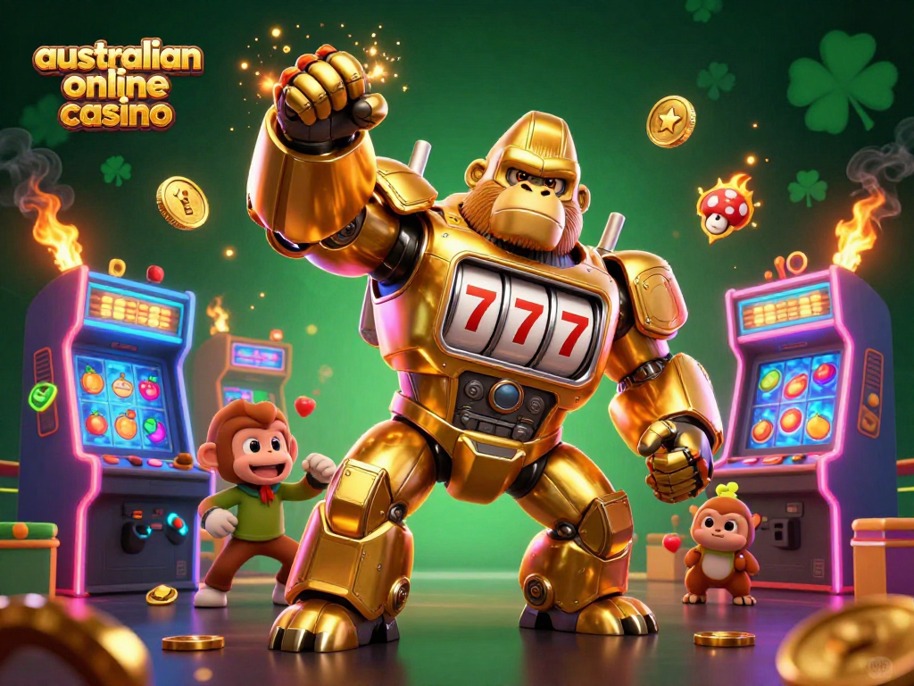 A dynamic illustration of a golden gorilla mech for an australian online casino, surrounded by colorful game elements.