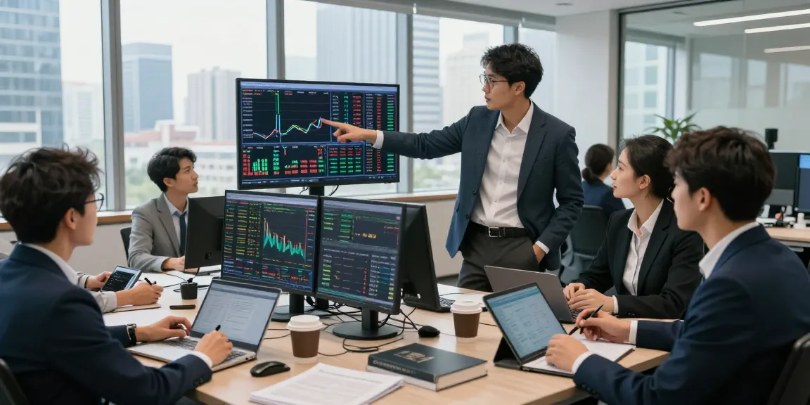 Aktivitas trader di kantor modern dengan analisis pasar, kakakjudi dan strategi trading kolaboratif.