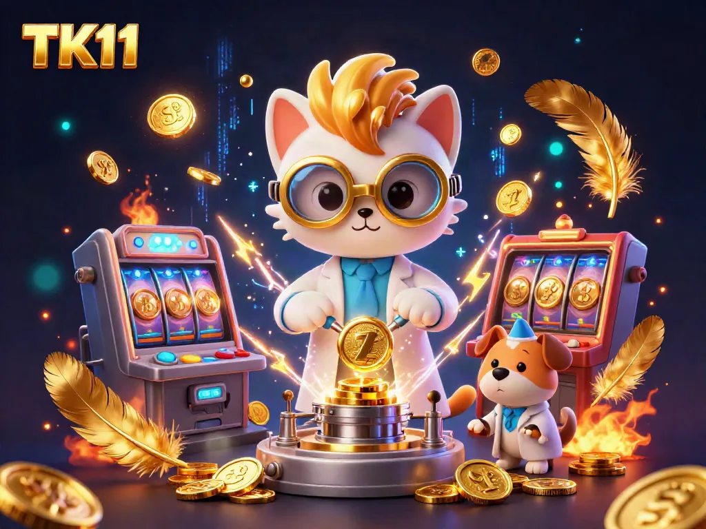 TK11 showcases an exciting slot gaming scene with a cartoon mad scientist and loyal assistant amidst golden coins and vibrant slot reels.