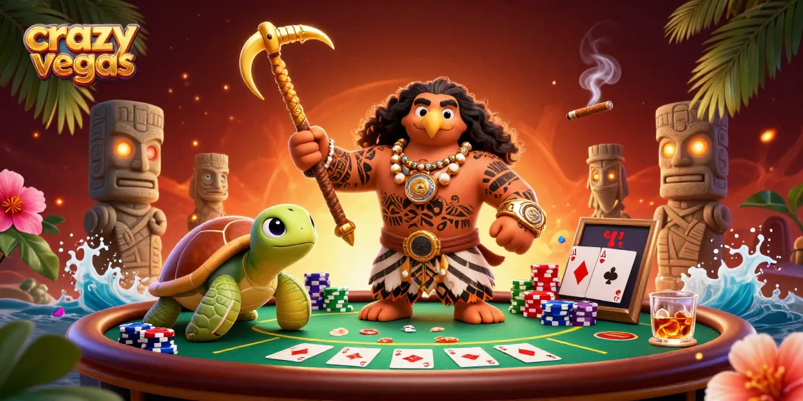Crazyvegas' vibrant scene featuring a tattooed hawk and turtle by a hip poker table.