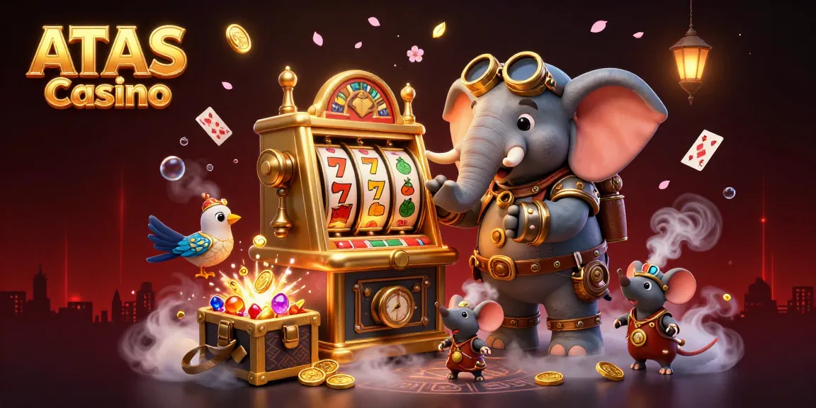 Spin the golden slot machine at ATAS Casino with vibrant steampunk characters in a thrilling 3D gaming scene.