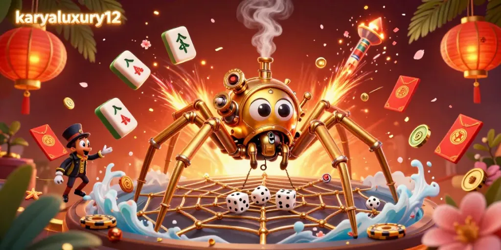 Engage with karyaluxury12's vibrant gaming scene featuring a golden spider and rich casino elements.