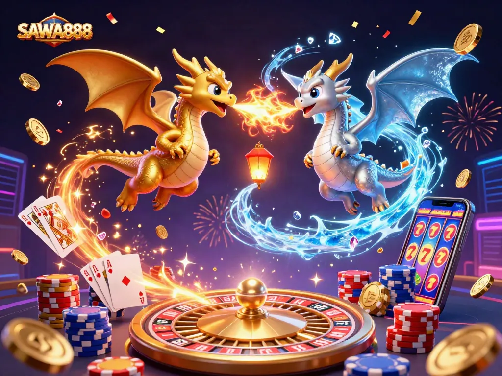 Engage in thrilling casino adventures with SAWA888 surrounded by vibrant coins and cards under magical dragons.