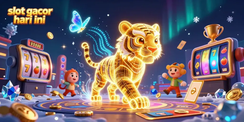 Permainan slot gacor hari ini dengan visual dinamis, simbol dan elemen kasino berkilau.