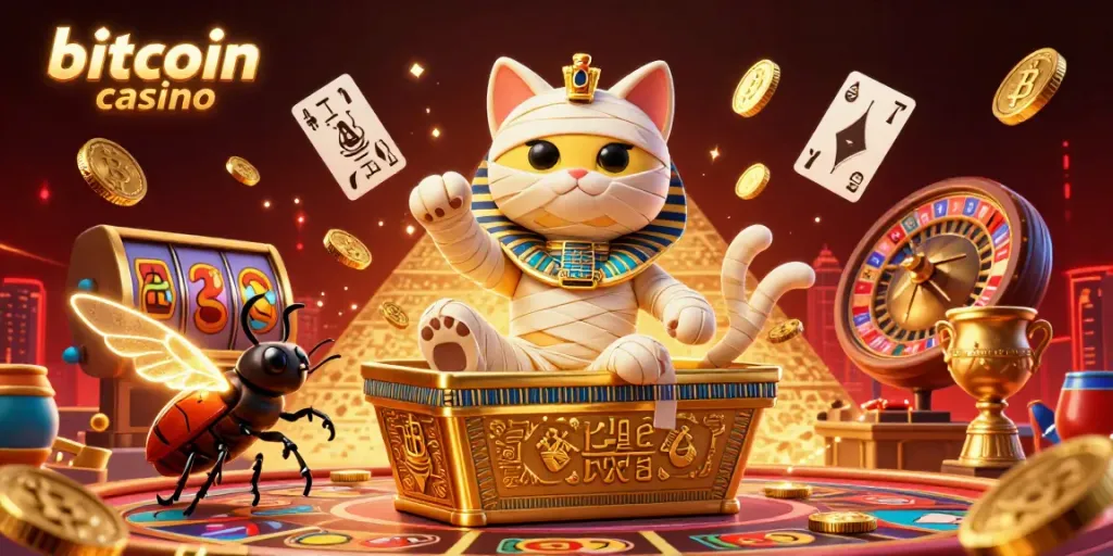 Experience the excitement of a bitcoin casino with a 3D Egyptian mummy cat and a scarab amidst vibrant gaming elements.