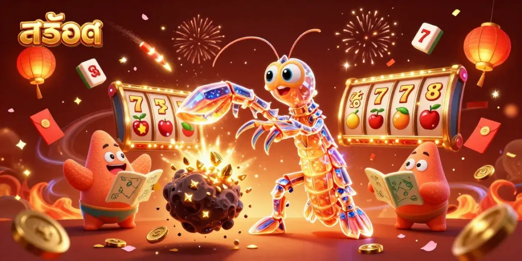 Engaging scene of a colorful slot game featuring a galactic mantis shrimp and starfish, celebrating big wins with สล็อต elements.