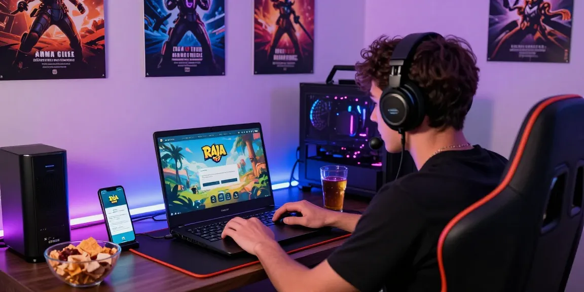 Raja Game login screen on a laptop with an excited player in a vibrant gaming room.