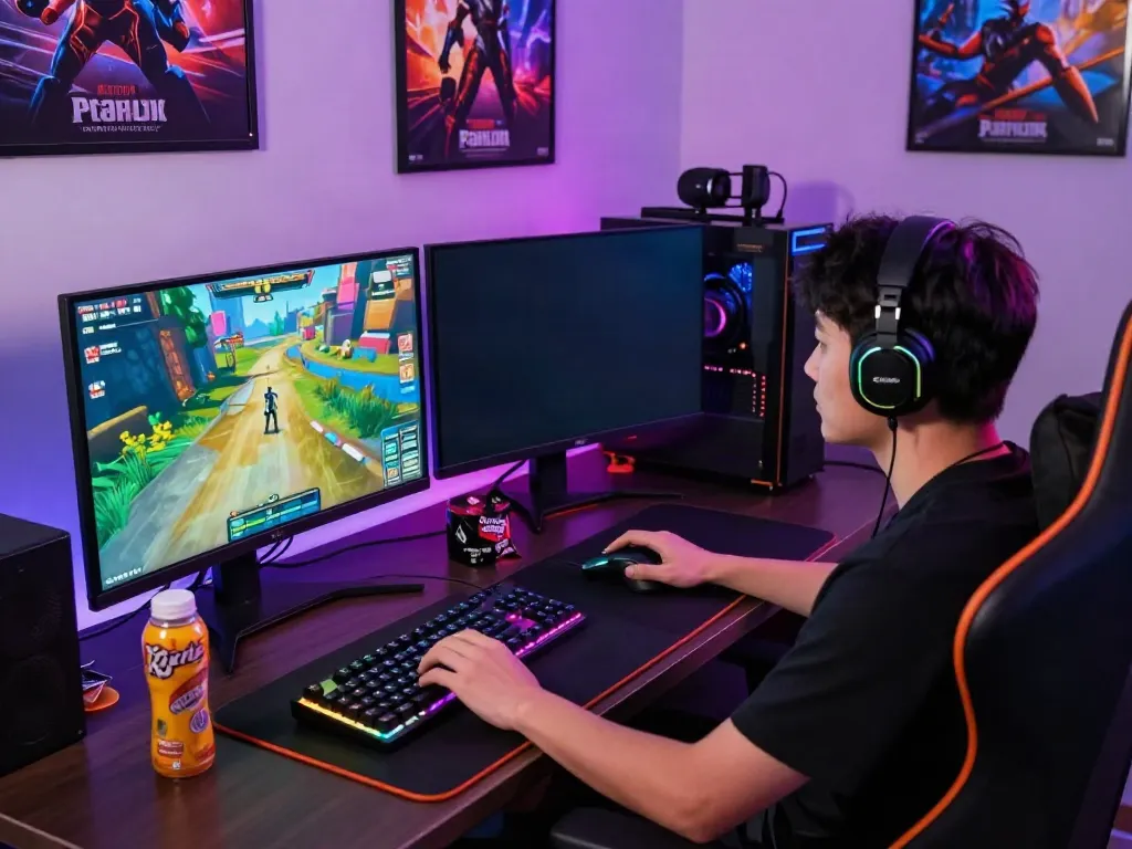 Gamer sepenuhnya fokus saat melakukan login Nyonya4D di setup gaming modern dengan layar berwarna-warni.