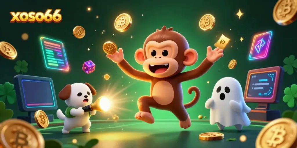 Engage with the lively xoso66 illustration, depicting an energetic ghost-hunter puppy tracking a mischievous monkey in a vibrant casino.