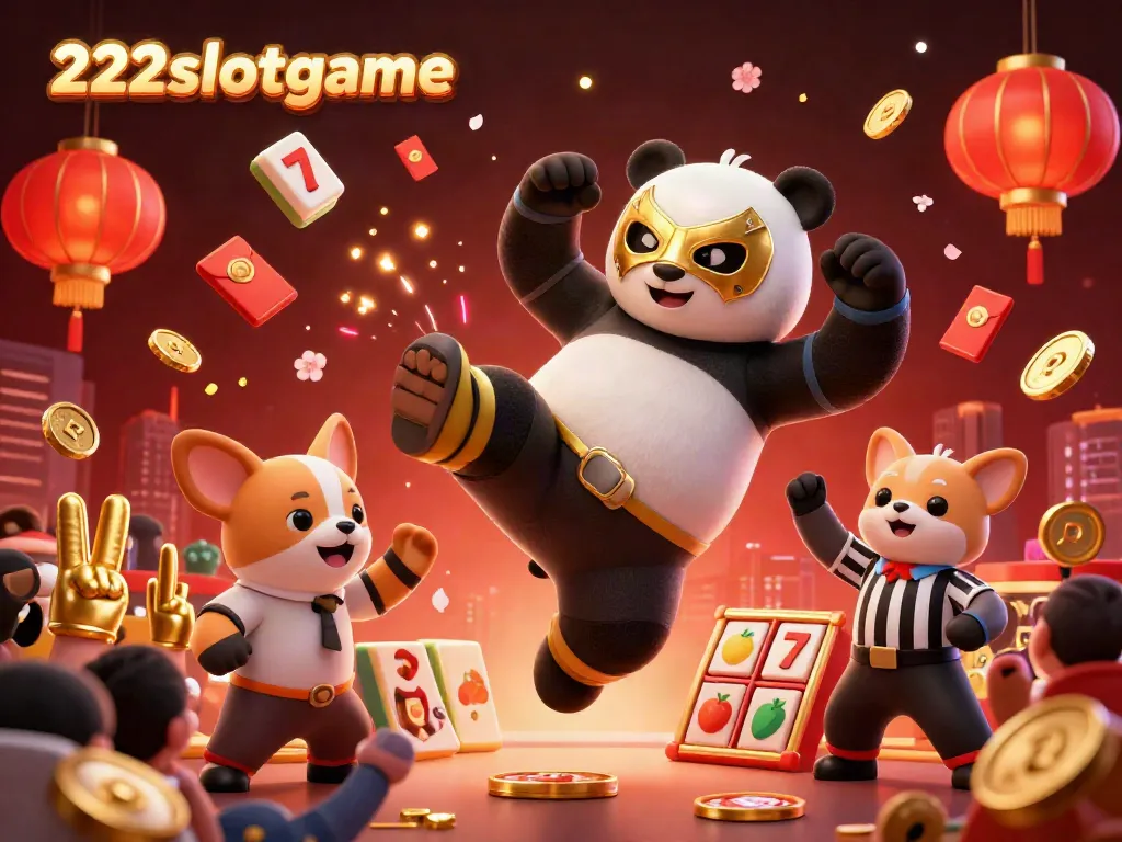 Gamer meraih kemenangan dengan simbol slot 222slotgame dalam ilustrasi yang meriah.