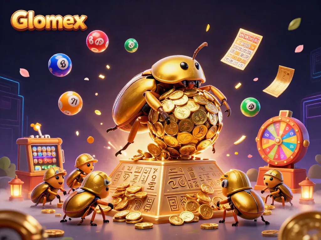 Engage with Glomex's vibrant casino world through a dynamic illustration of beetles and lottery elements.