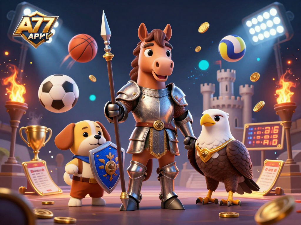 Bet and win with A77 APK inside a dynamic casino scene featuring a knight, squire puppy, and falcon.