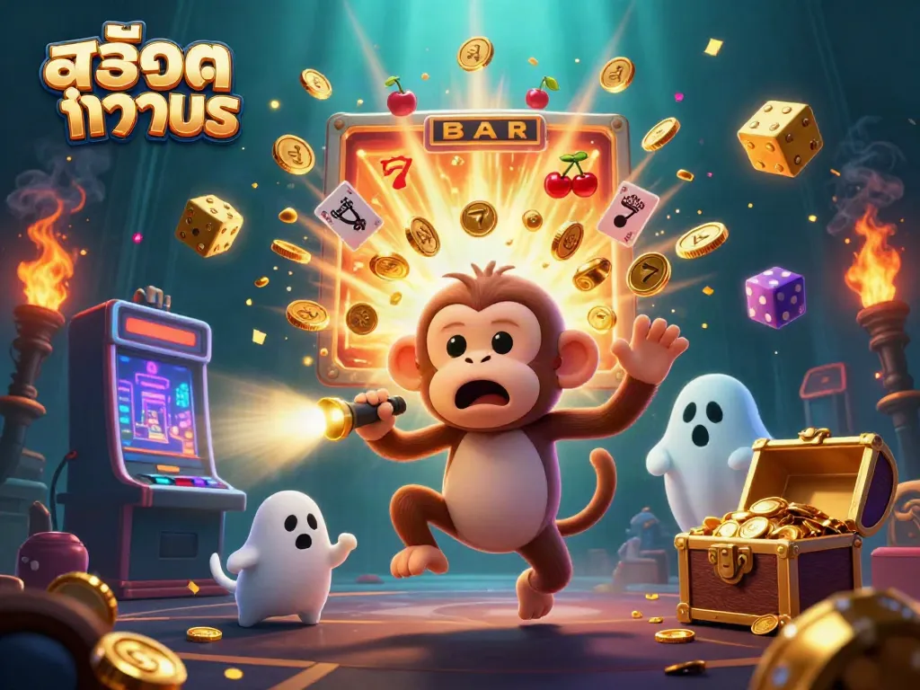 Experience thrilling สล็อตทดลอง action with exciting casino game elements and characters in a vivid illustration.