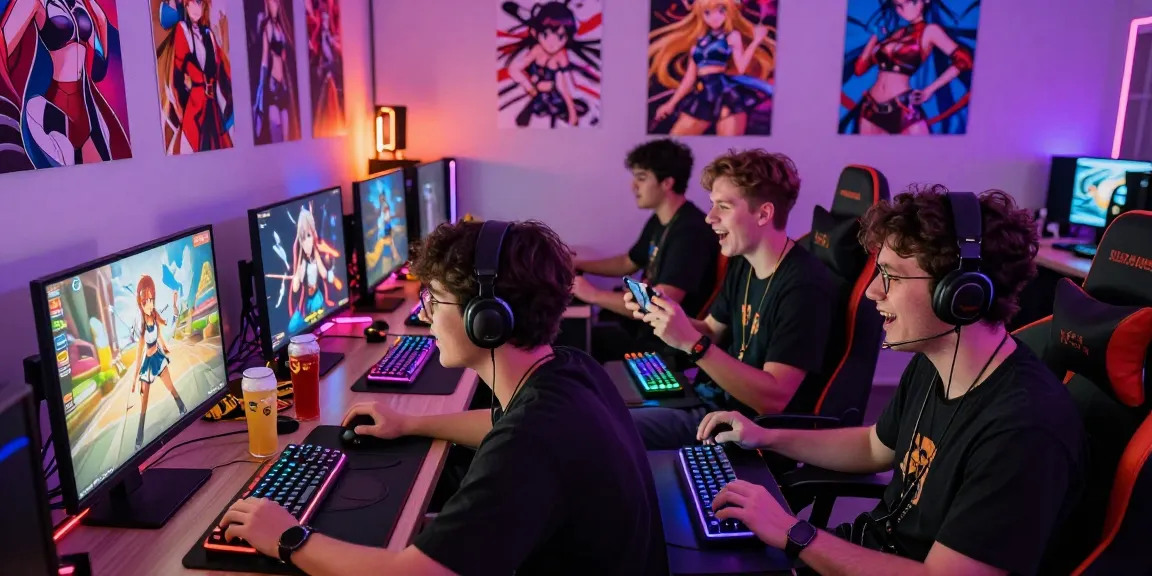 Engaging scene of friends playing hentai games in a vibrant gaming room filled with anime decor.