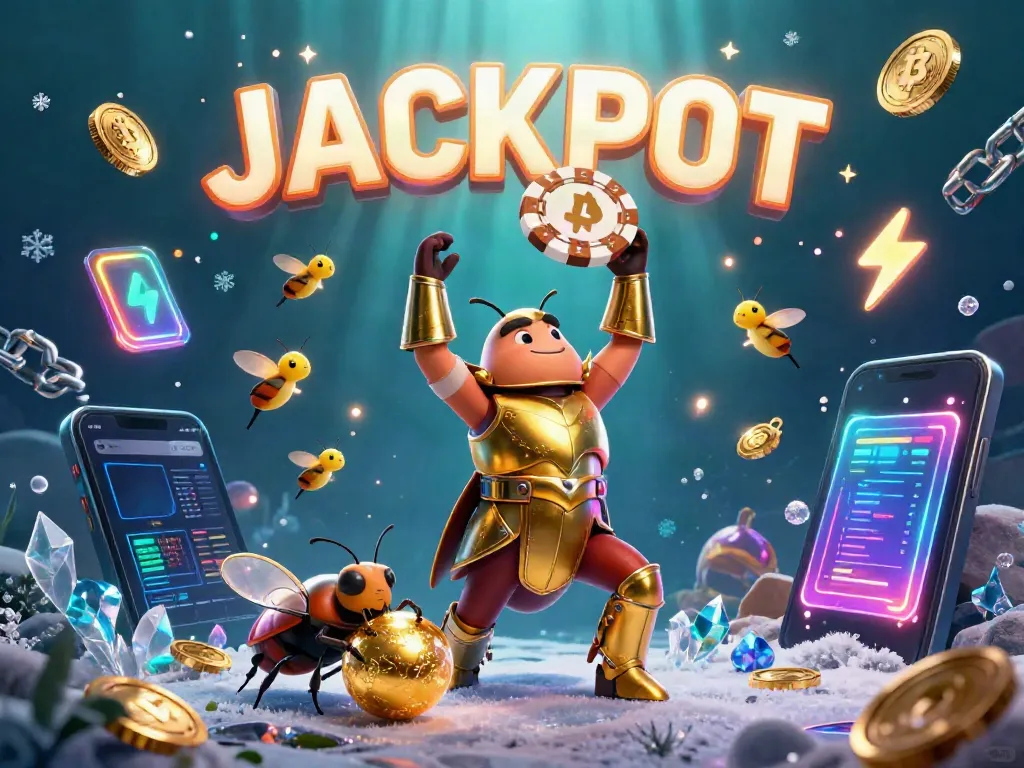 Onbet champions celebrate with a victorious hercules beetle and glowing coins in a vibrant casino scene.
