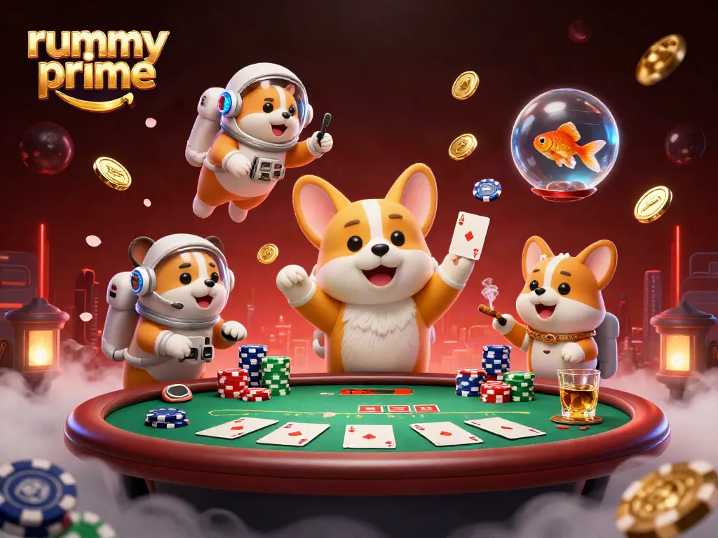 Experience the rummy prime scene with adorable characters and vibrant casino elements in zero gravity.