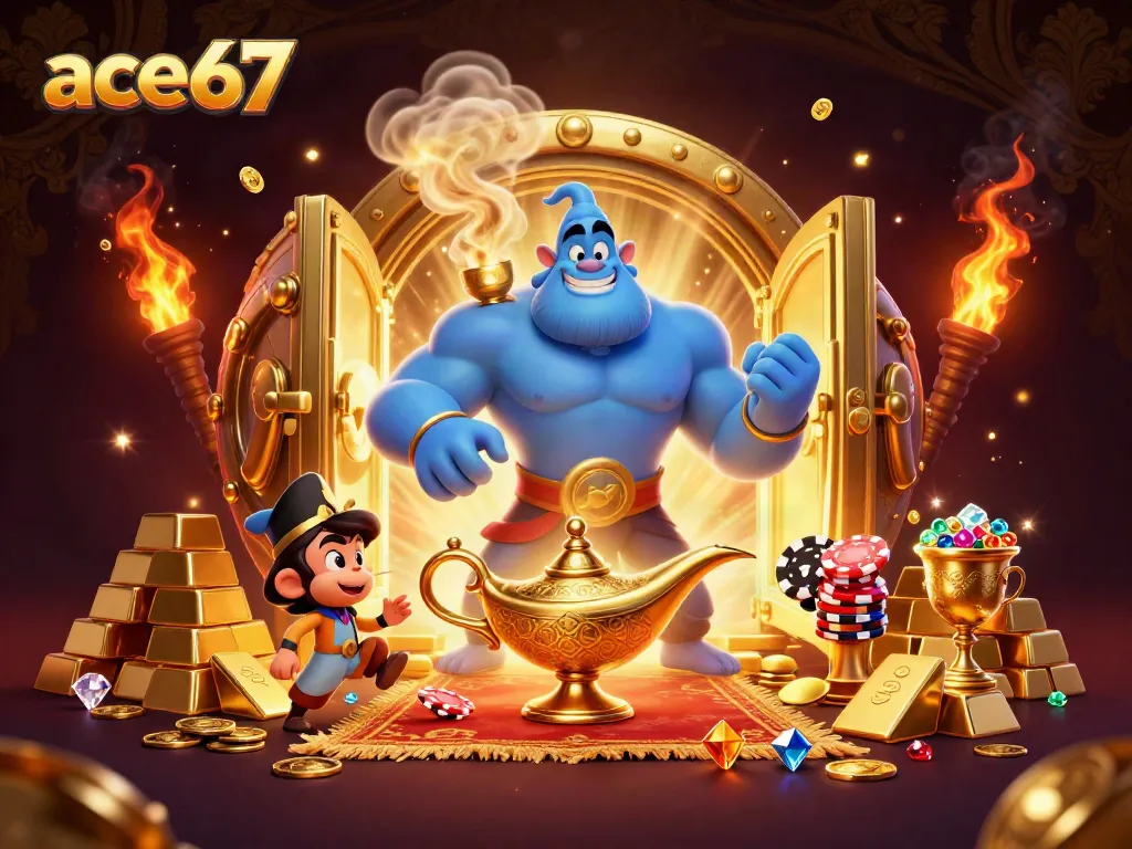 Experience thrilling gameplay at ace67 with a 3D illustration of a genie, treasures, and poker chips.