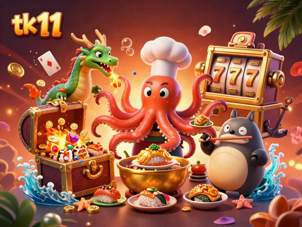 Play exciting games with tk 11 in a vibrant casino scene featuring animated characters and rich elements.