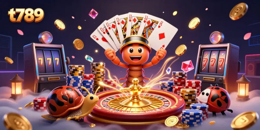 T789's vibrant 3D casino scene featuring a millipede dealer and a snail high-roller amid dynamic gaming elements