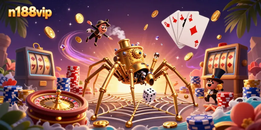 Experience thrilling gameplay at n188vip with a stunning 3D casino illustration of jackpot slots and poker.