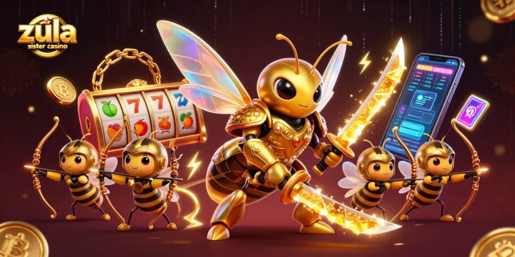 Engage with the zula sister casino through vibrant slots and cryptocurrency elements in a dynamic 3D scene.