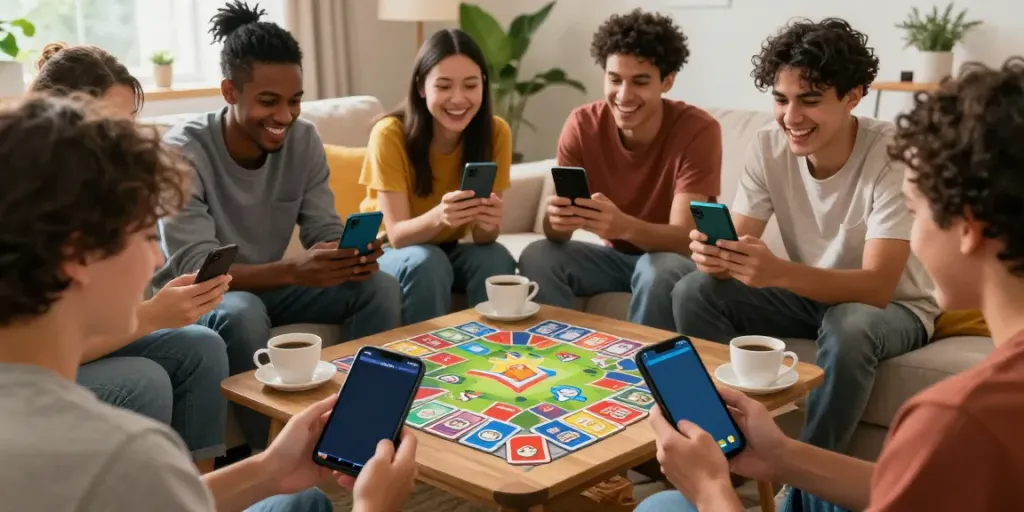 Friends playing Rumble Rummy on their smartphones in a cozy living room.