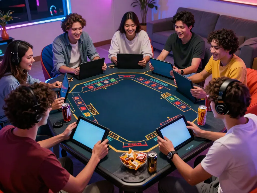 A group of friends engaging in an exciting akunjp online casino gaming session in a vibrant living room.