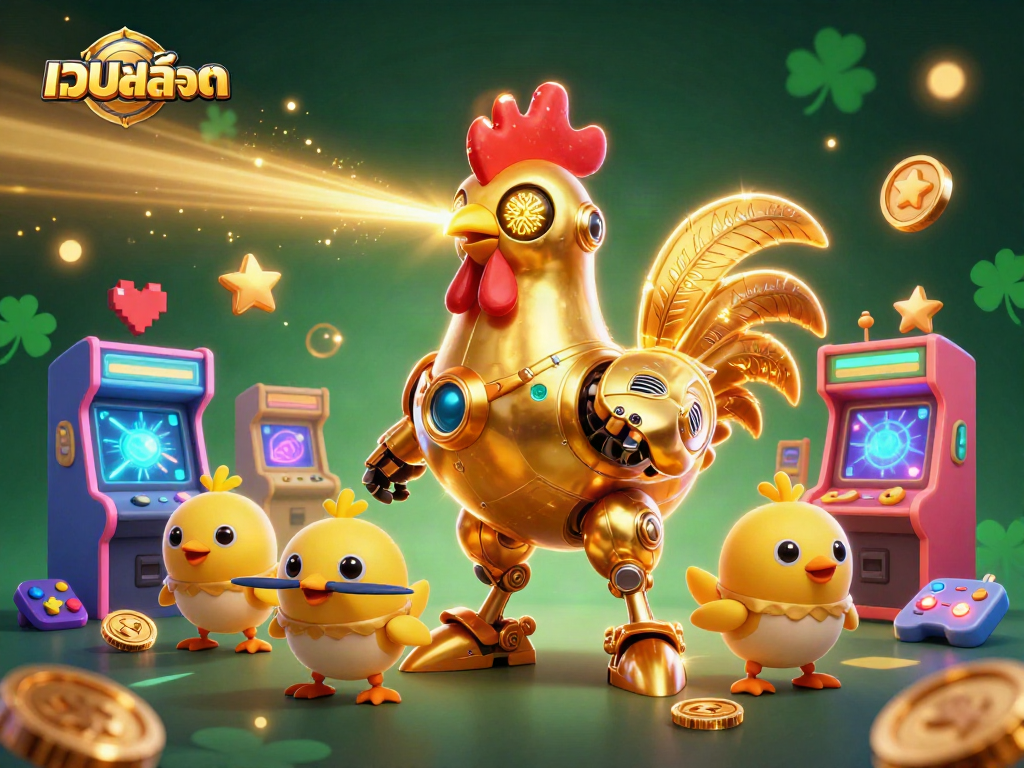 Engage with เว็บสล็อต in this vibrant 3D casino scene featuring a golden rooster robot and baby chick drones.
