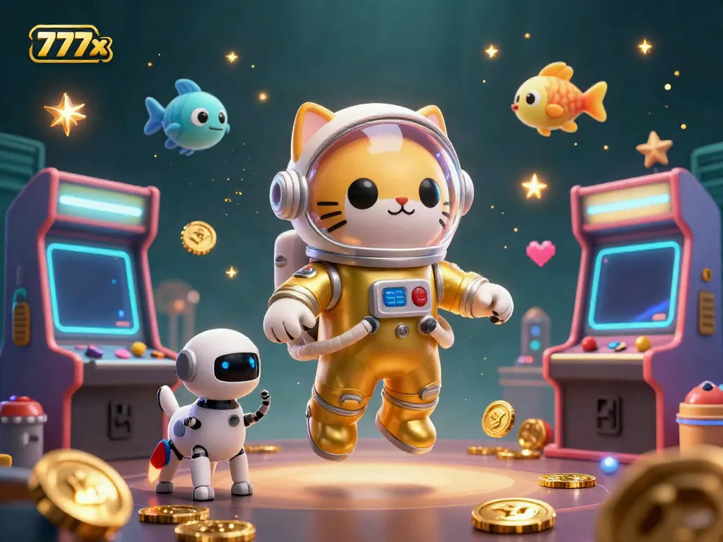 Experience the thrilling fun of 777x casino with playful characters and vibrant game elements in 3D.