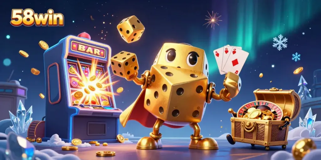 Experience excitement at 58win with dynamic gaming elements and cartoon characters in a vibrant casino scene.