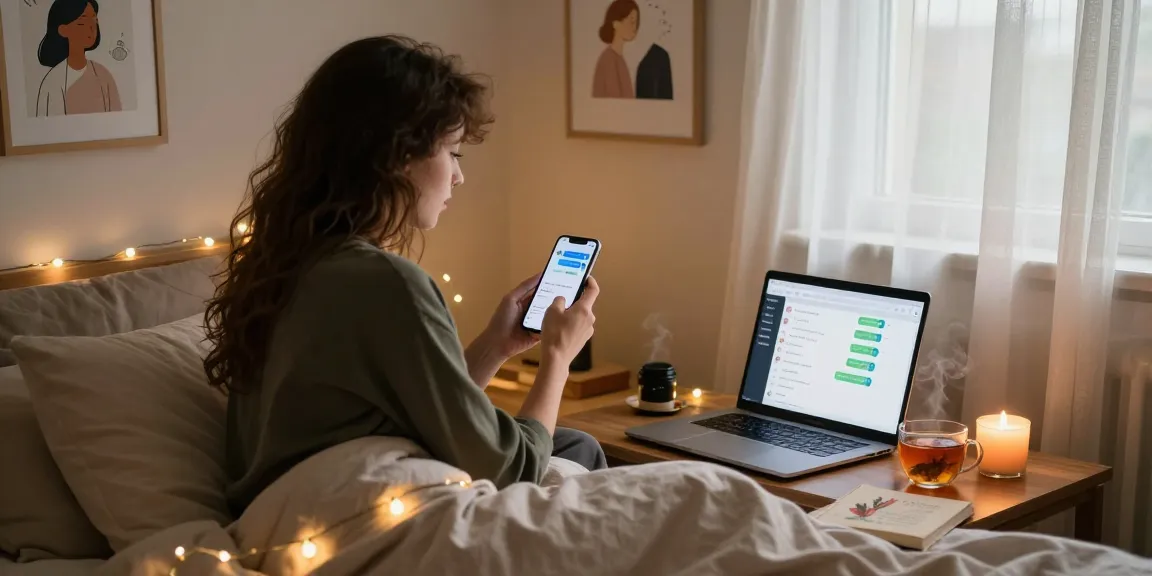 Engaging in sexting AI chat in a cozy bedroom with ambient lighting and personal touches.