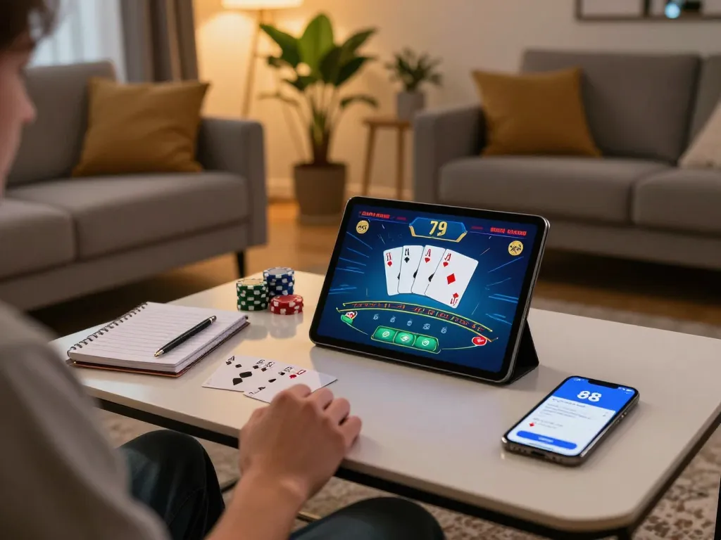 Engaging with open 88 in a cozy blackjack game at home on a tablet, showing strategic notes nearby.