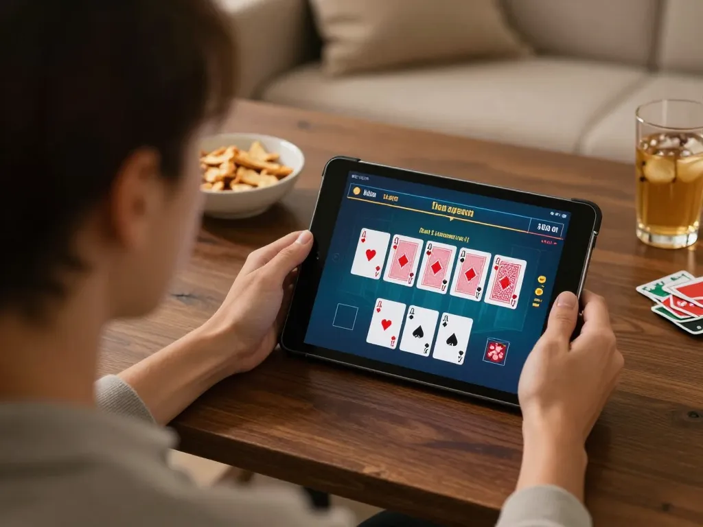 Gameradar user planning their blackjack strategy on a tablet during a cozy home gaming session.