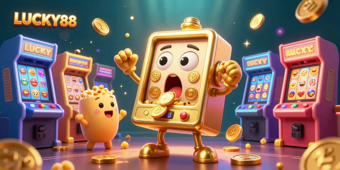 LUCKY88 slot machine celebrating a jackpot win with baby slots and popcorn, embodying casino excitement.