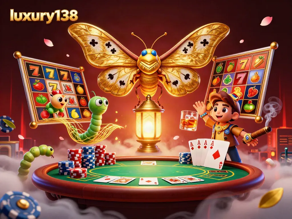 Experience luxury138's vibrant casino world with golden moths and dynamic gaming elements.