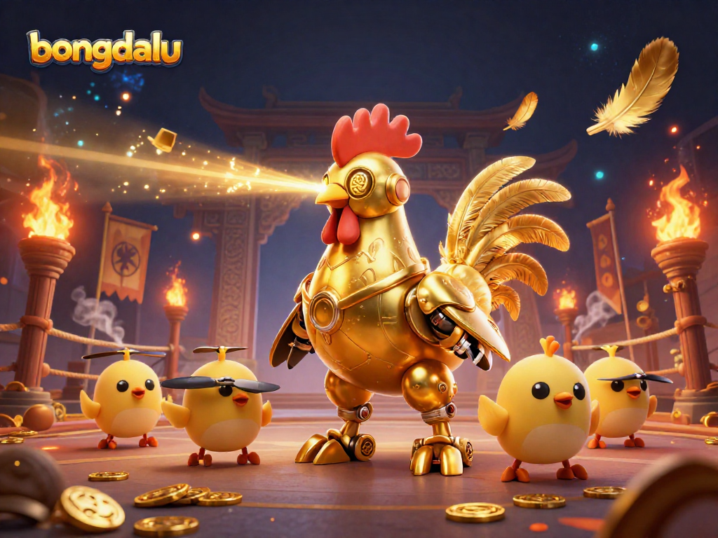 Bongdalu's retro-futuristic golden rooster robot engages in a vibrant casino battle
