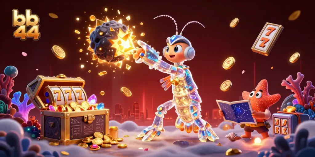 Engaging scene displaying bb 44 with exciting slot reels and gem-filled explosions generating casino thrill.