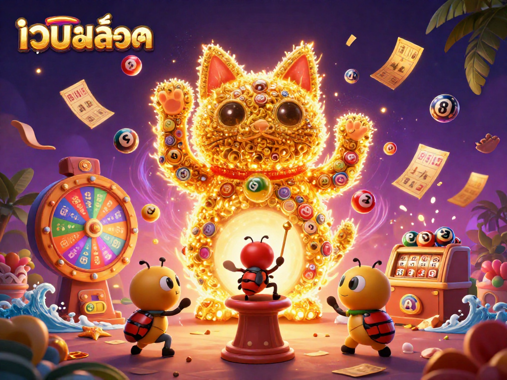 Engage in เว็บสล็อต with colorful lottery elements and a giant lucky cat illustration.