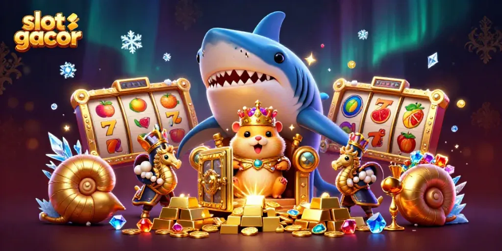 Engaging slot gacor scene featuring an animated hamster king, seahorse guards, and vibrant slot reels.