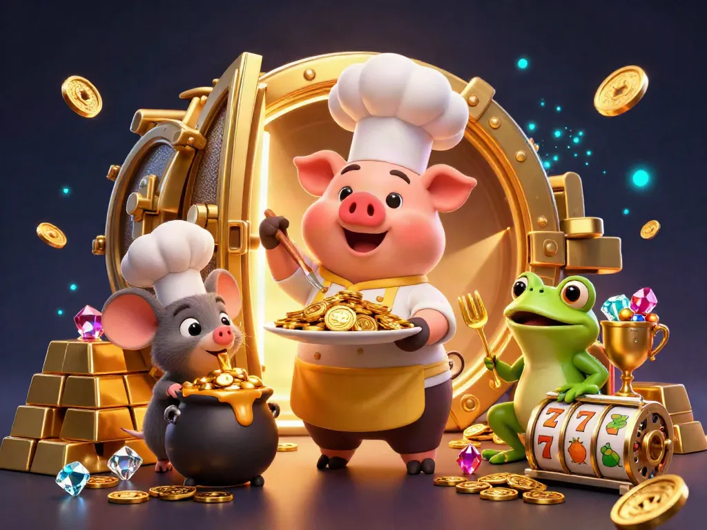 Experience the excitement of rtpbig777hariini with a chef pig presenting gold coins in a vibrant casino scene.